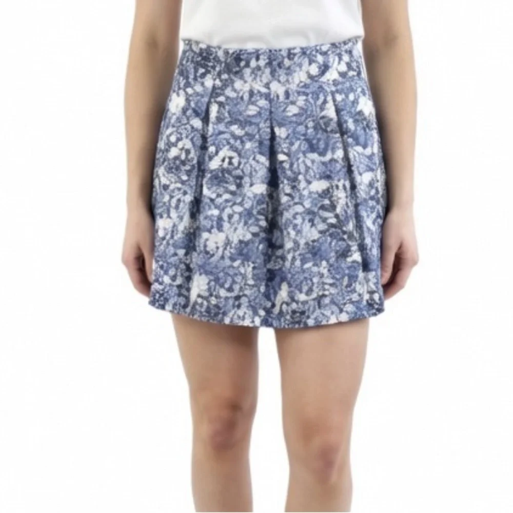 Aqua Light Blue Multi Color Damask Print Pleated Mini Skirt Size XS Like New!
